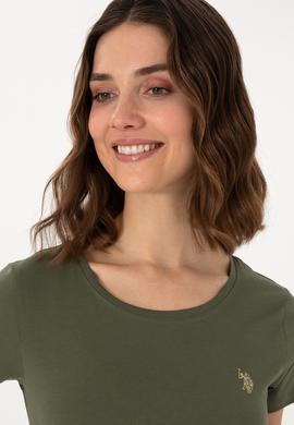 Kadın Koyu Haki Bisiklet Yaka Tişört - 50300894051