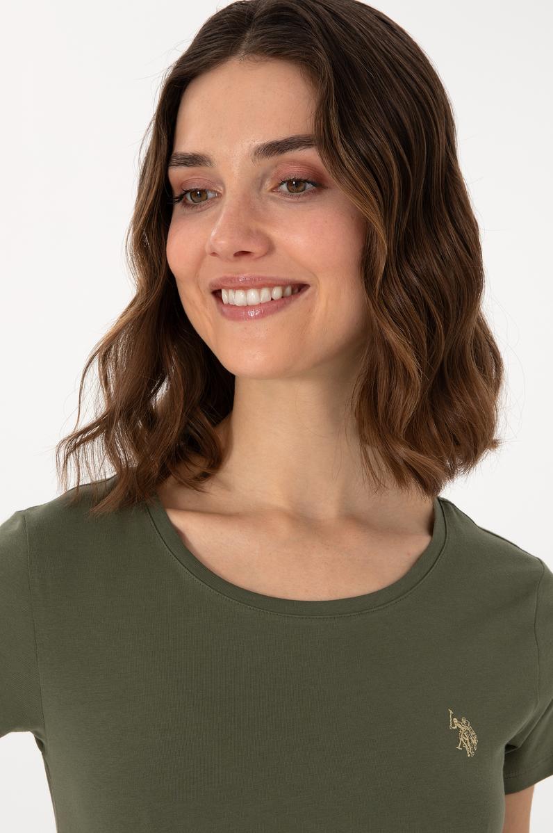 Kadın Koyu Haki Bisiklet Yaka Tişört