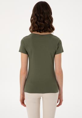 Kadın Koyu Haki Bisiklet Yaka Tişört - 50300894051