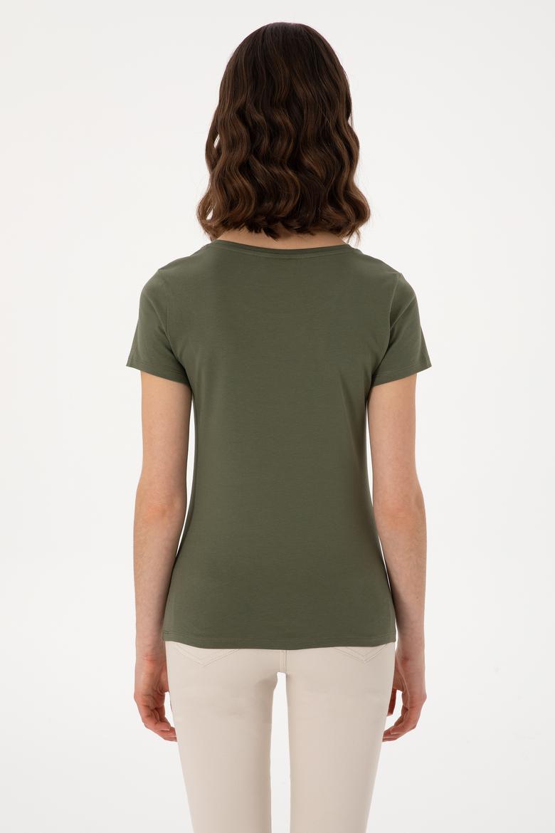 Kadın Koyu Haki Bisiklet Yaka Tişört - 50300894051