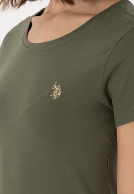 Kadın Koyu Haki Bisiklet Yaka Tişört - 50300894051