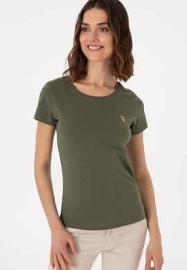 Kadın Koyu Haki Bisiklet Yaka Tişört - 50300894051