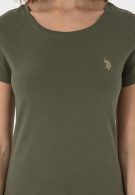 Kadın Koyu Haki Bisiklet Yaka Tişört - 50300894051