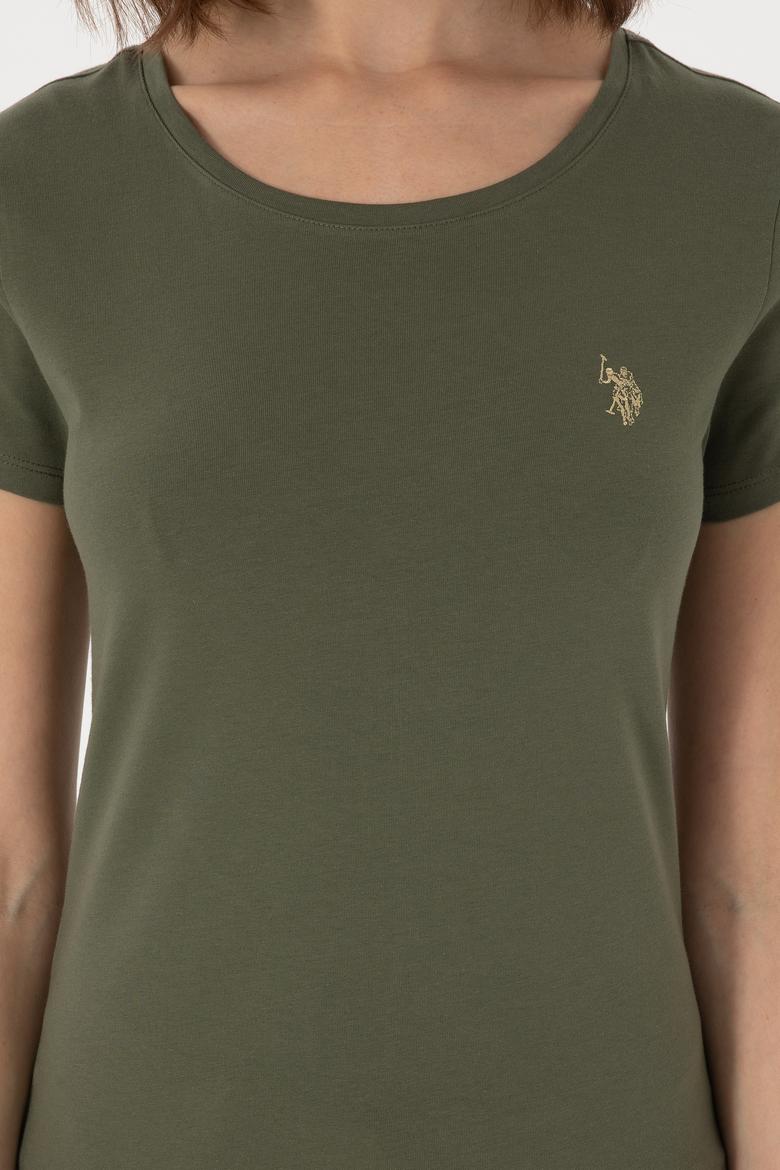 Kadın Koyu Haki Bisiklet Yaka Tişört - 50300894051