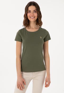 Kadın Koyu Haki Bisiklet Yaka Tişört - 50300894051