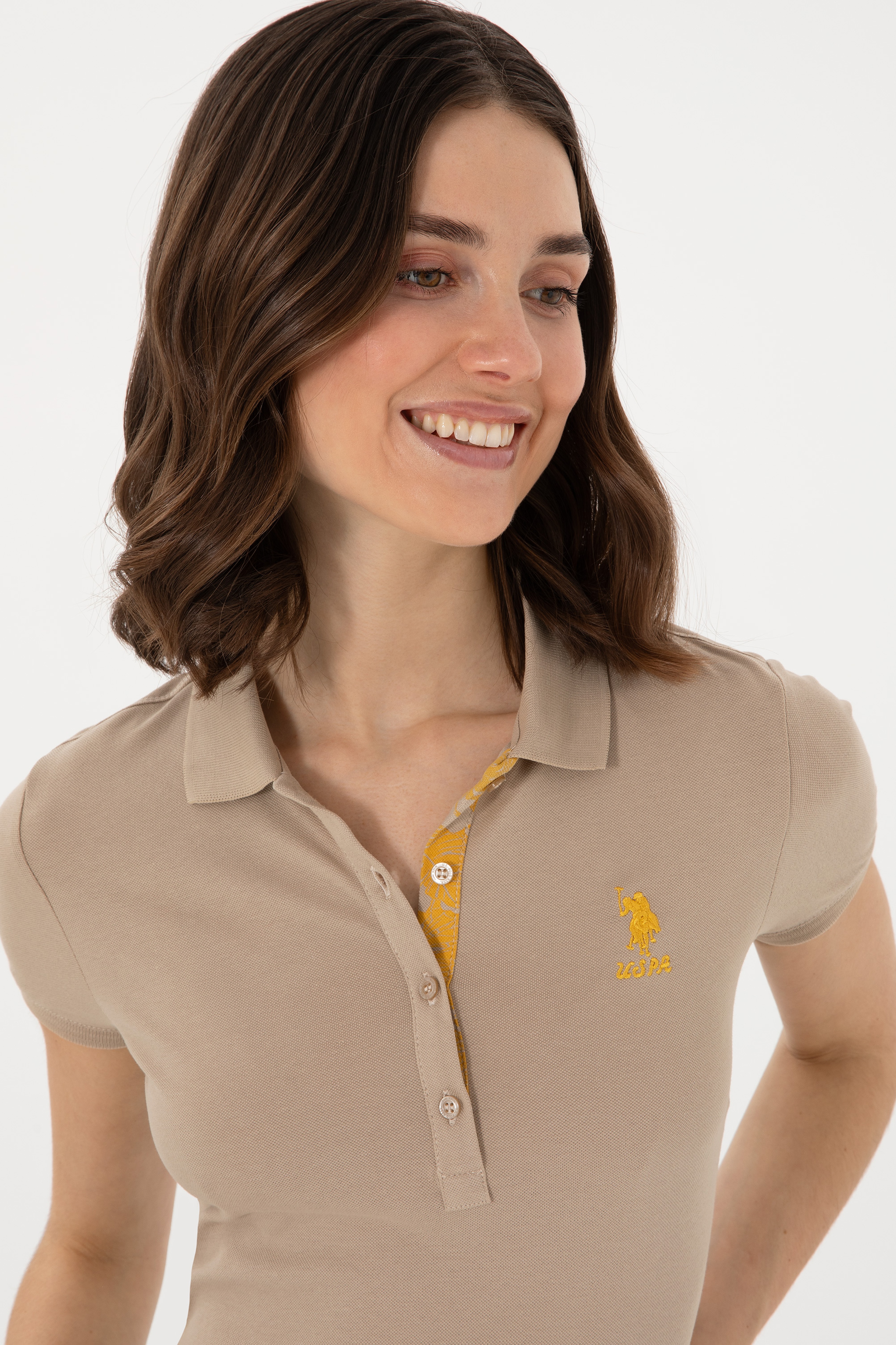 Kadın Haki Basic Polo Yaka Tişört - Image 2