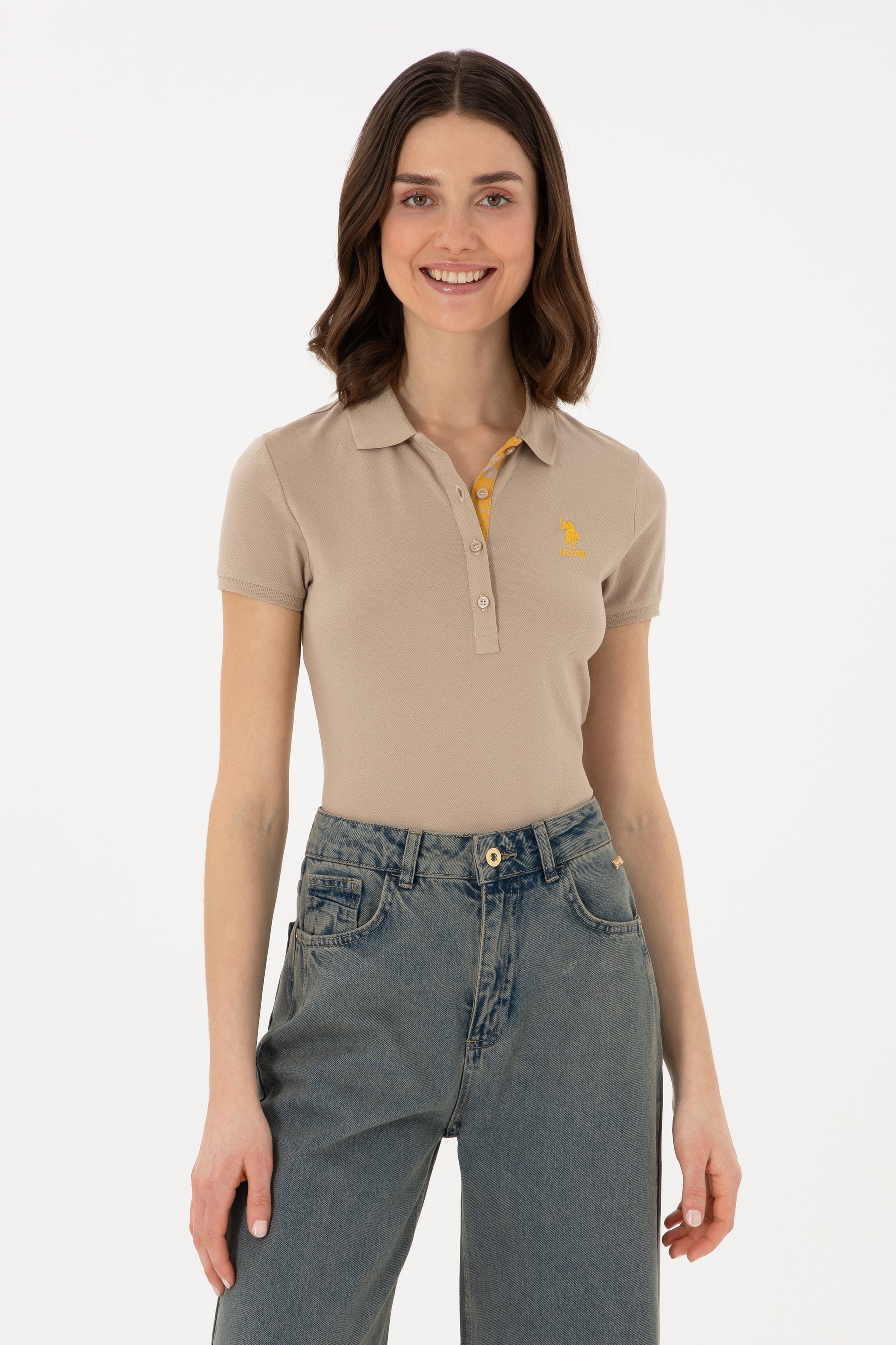Kadın Haki Basic Polo Yaka Tişört - Image 1