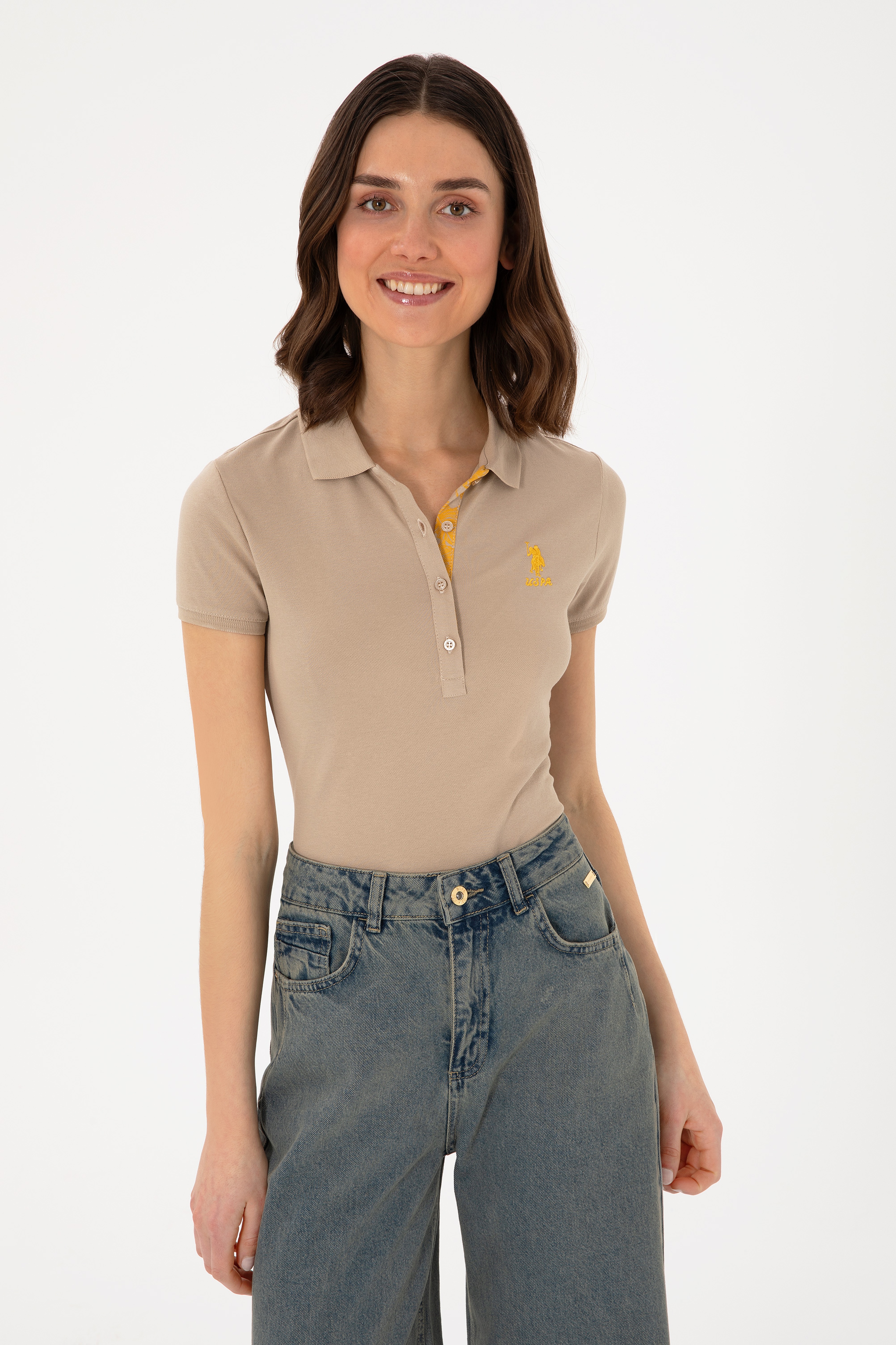 Kadın Haki Basic Polo Yaka Tişört - Image 3