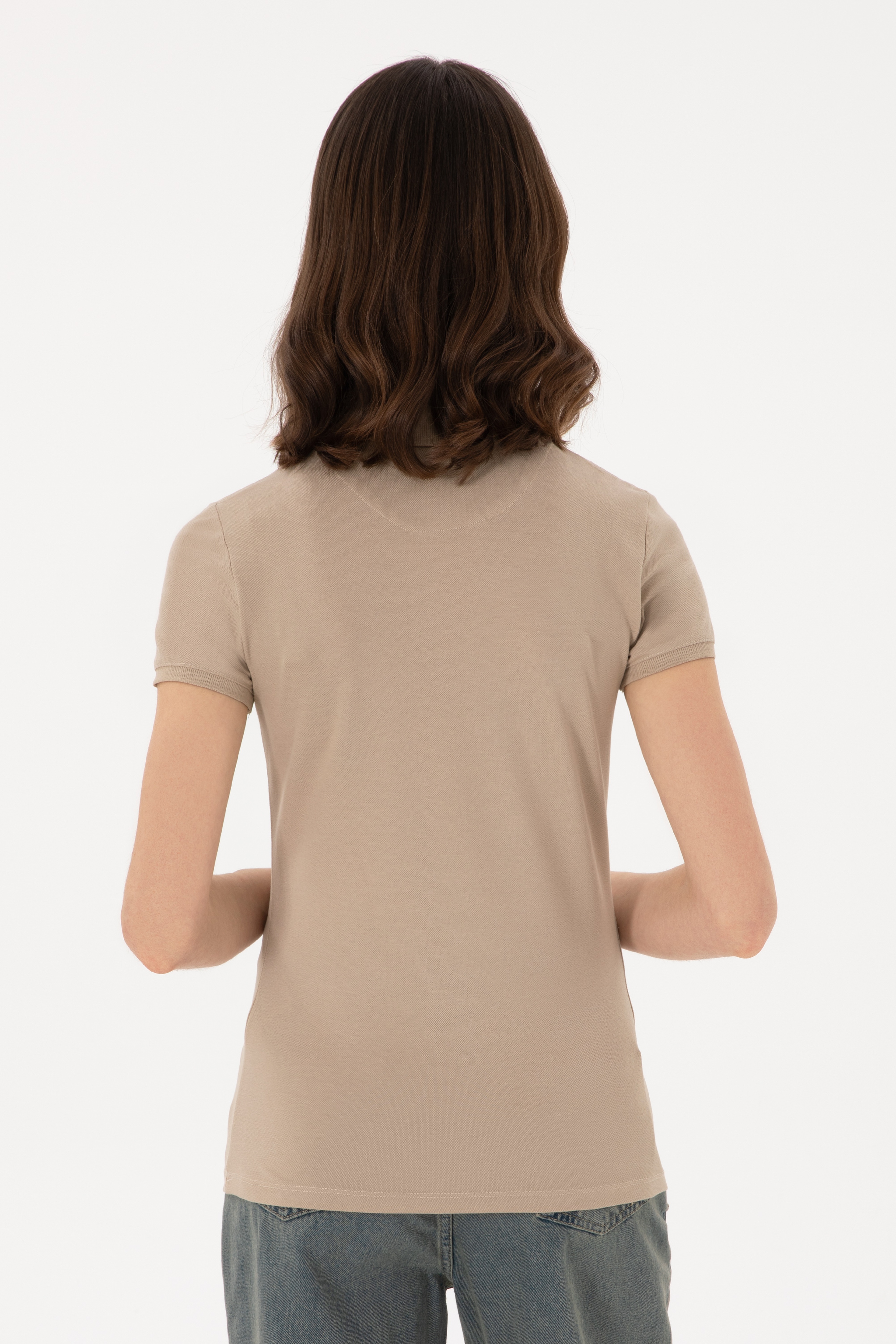 Kadın Haki Basic Polo Yaka Tişört - Image 5