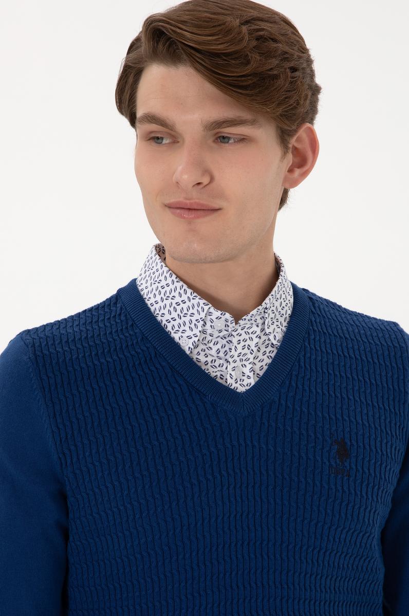 Erkek Slim Fit V Yaka İndigo Basic Kazak