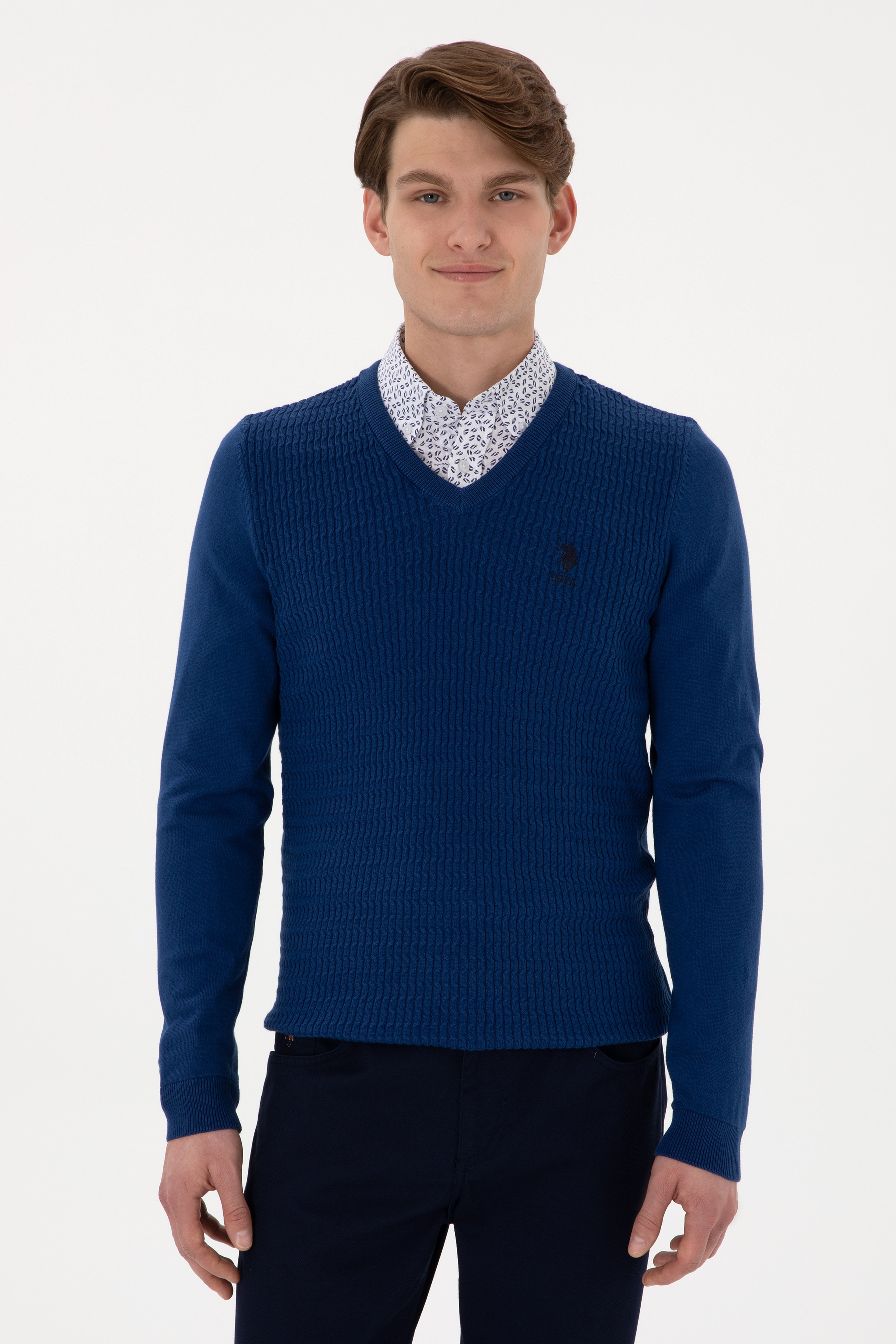 Erkek Slim Fit V Yaka İndigo Basic Kazak - Image 1