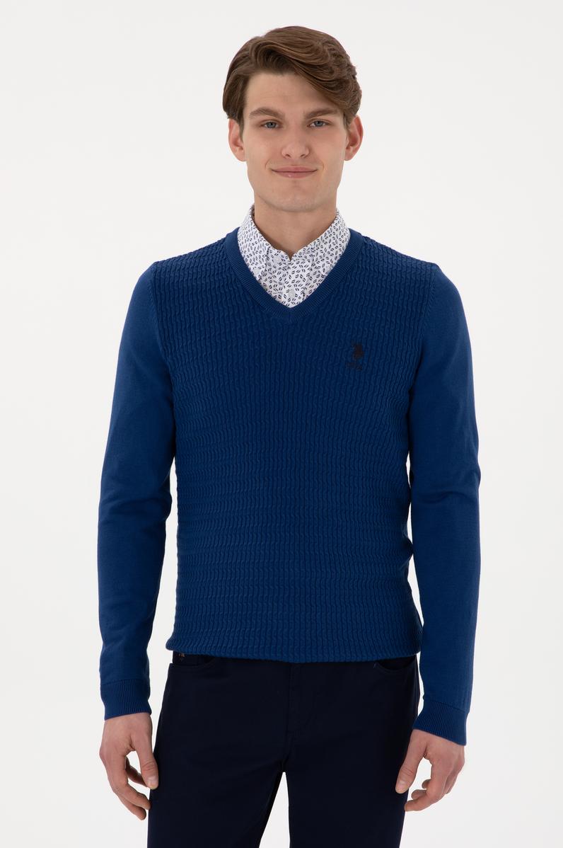 Erkek Slim Fit V Yaka İndigo Basic Kazak