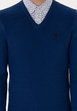 Erkek Slim Fit V Yaka İndigo Basic Kazak - 50288879078