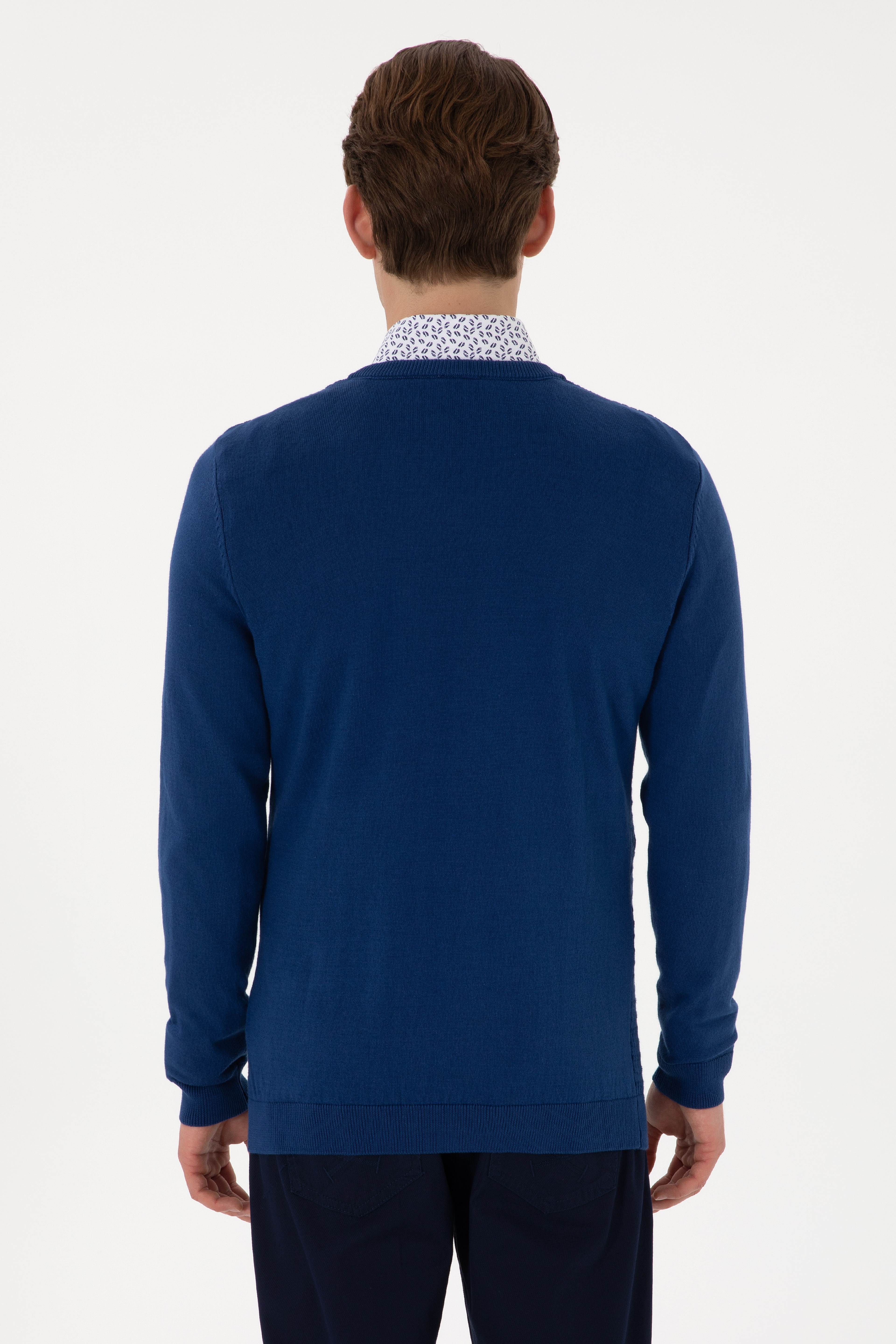 Erkek Slim Fit V Yaka İndigo Basic Kazak - Image 5