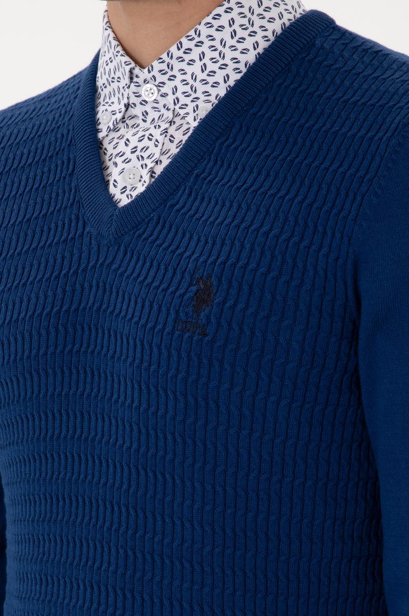 Erkek Slim Fit V Yaka İndigo Basic Kazak