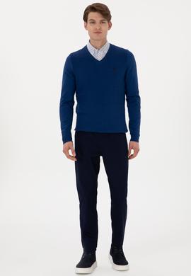 Erkek Slim Fit V Yaka İndigo Basic Kazak - 50288879078