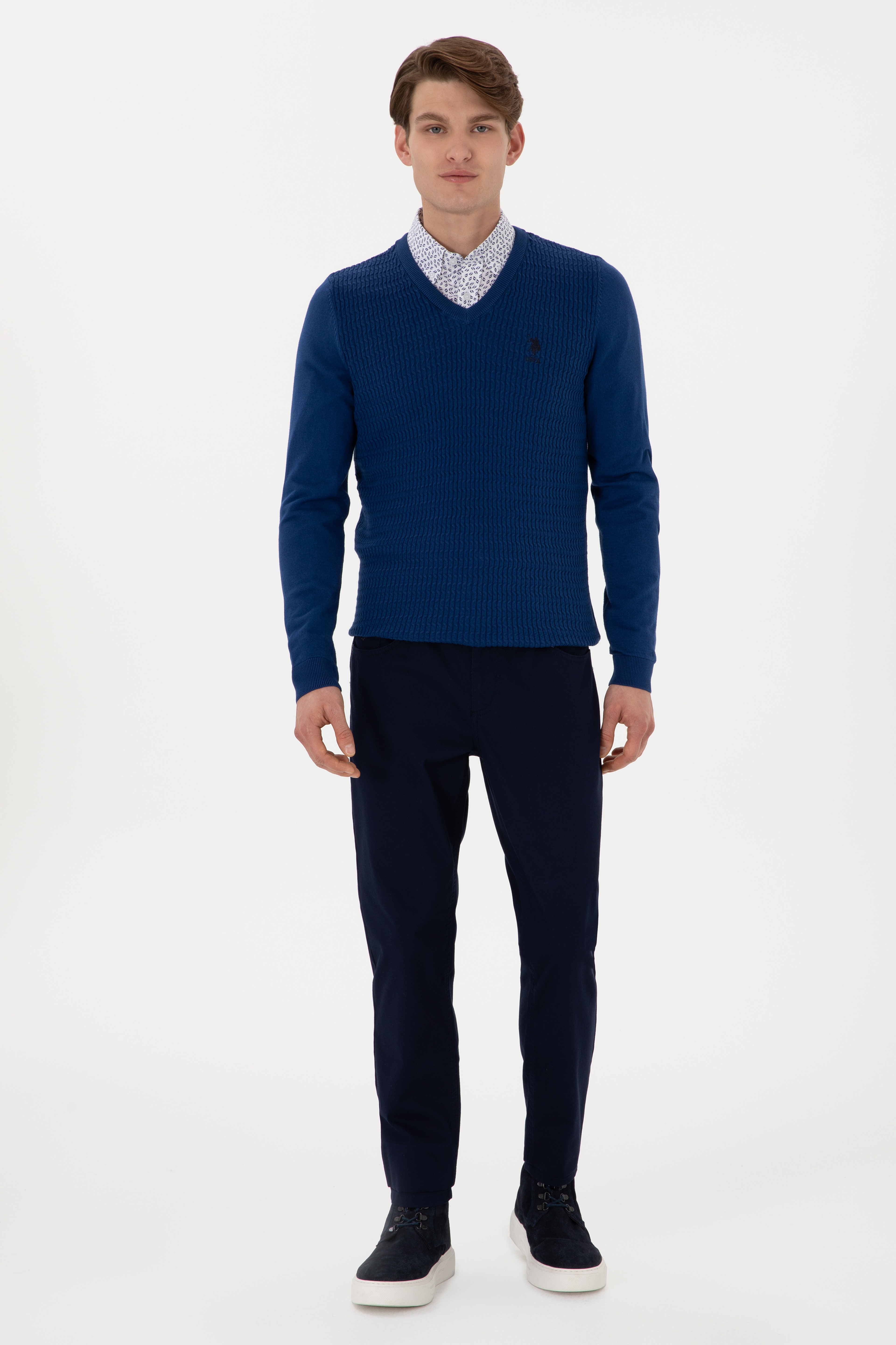 Erkek Slim Fit V Yaka İndigo Basic Kazak