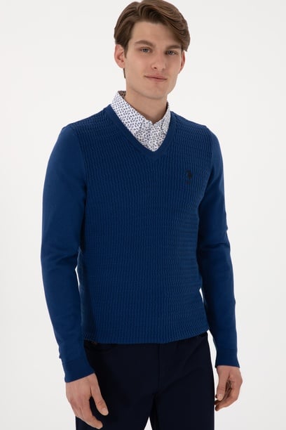 Erkek Slim Fit V Yaka İndigo Basic Kazak