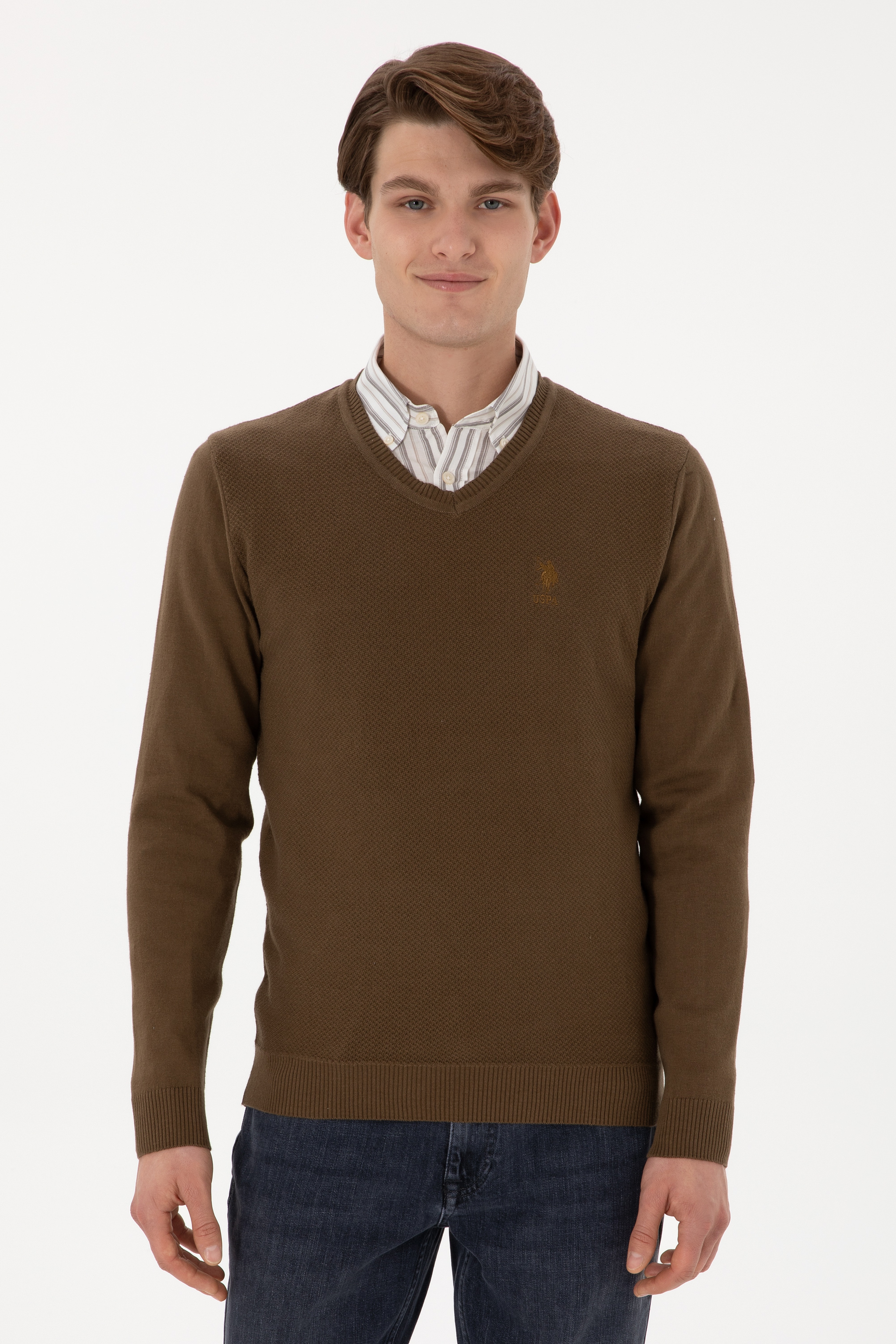 Erkek Slim Fit V Yaka Haki Basic Kazak - Image 1