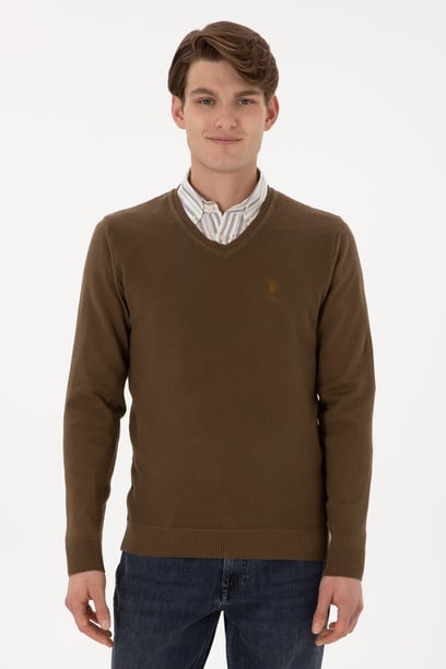 Erkek Slim Fit V Yaka Haki Basic Kazak