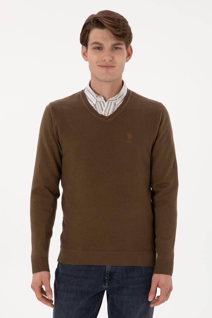 Erkek Slim Fit V Yaka Haki Basic Kazak