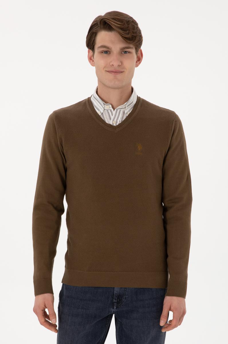 Erkek Slim Fit V Yaka Haki Basic Kazak