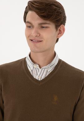 Erkek Slim Fit V Yaka Haki Basic Kazak - 50288886006