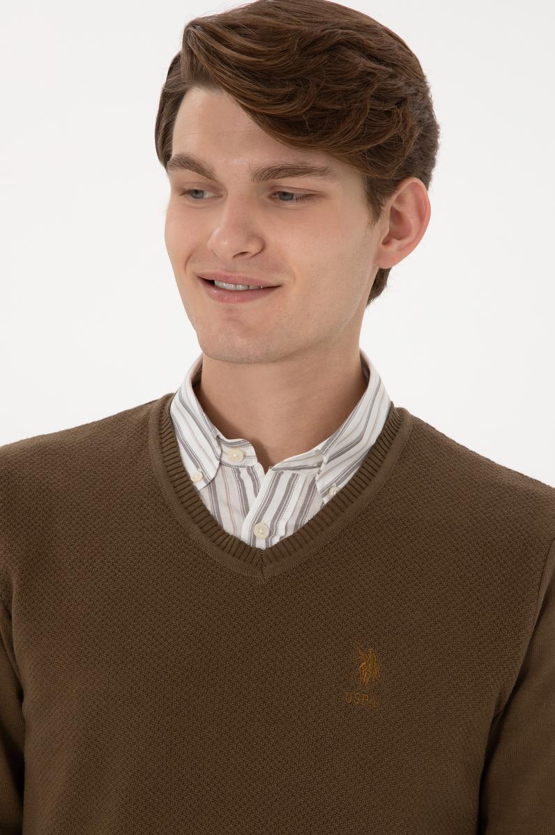 Erkek Slim Fit V Yaka Haki Basic Kazak