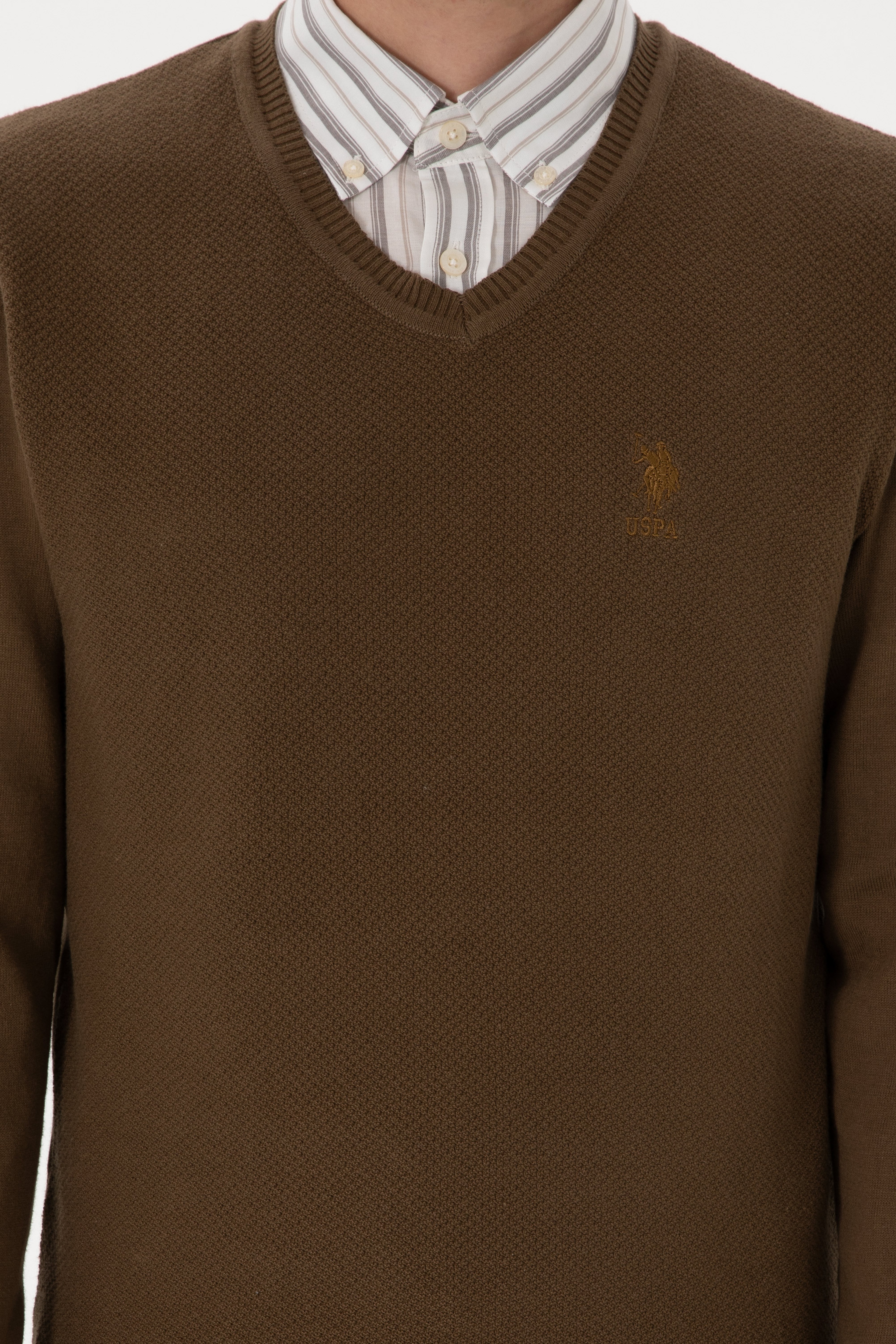 Erkek Slim Fit V Yaka Haki Basic Kazak - Image 6