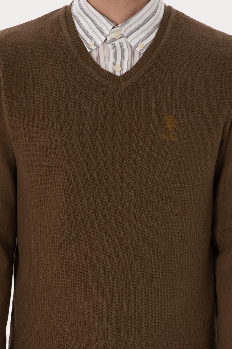 Erkek Slim Fit V Yaka Haki Basic Kazak - 50288886006