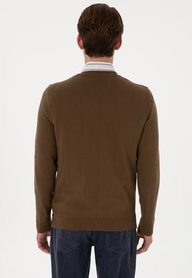 Erkek Slim Fit V Yaka Haki Basic Kazak - 50288886006