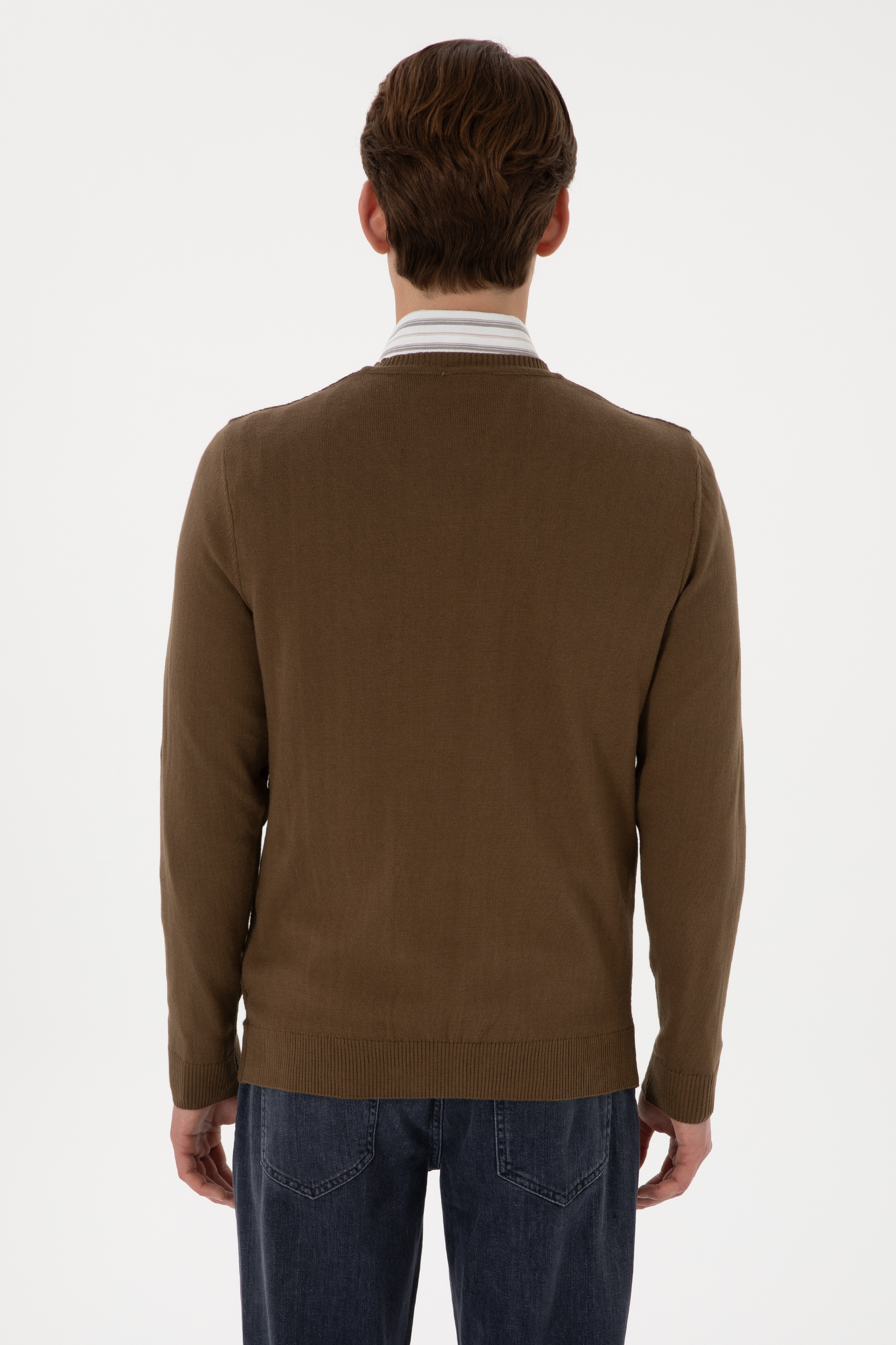 Erkek Slim Fit V Yaka Haki Basic Kazak