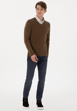 Erkek Slim Fit V Yaka Haki Basic Kazak - 50288886006