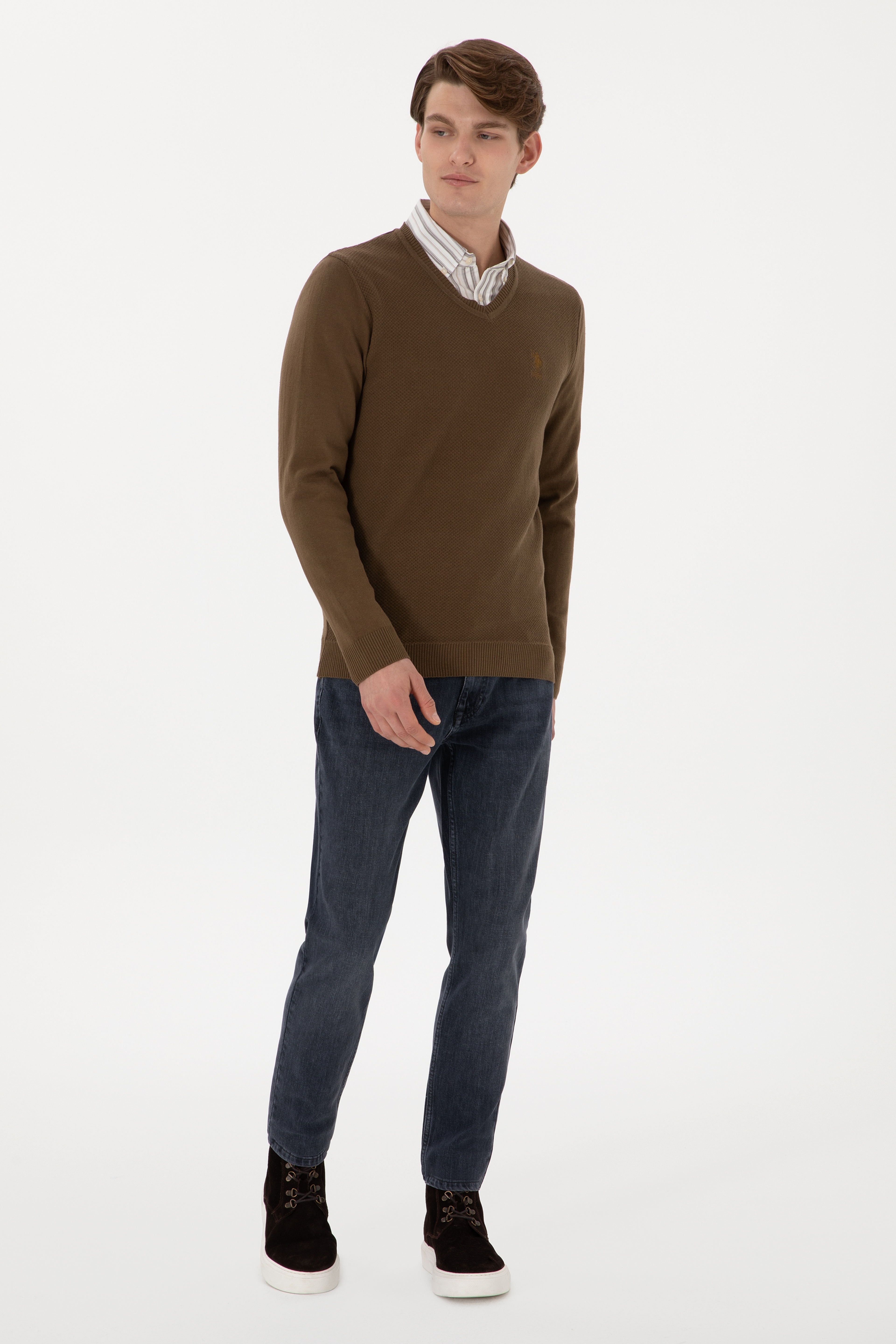 Erkek Slim Fit V Yaka Haki Basic Kazak - Image 4