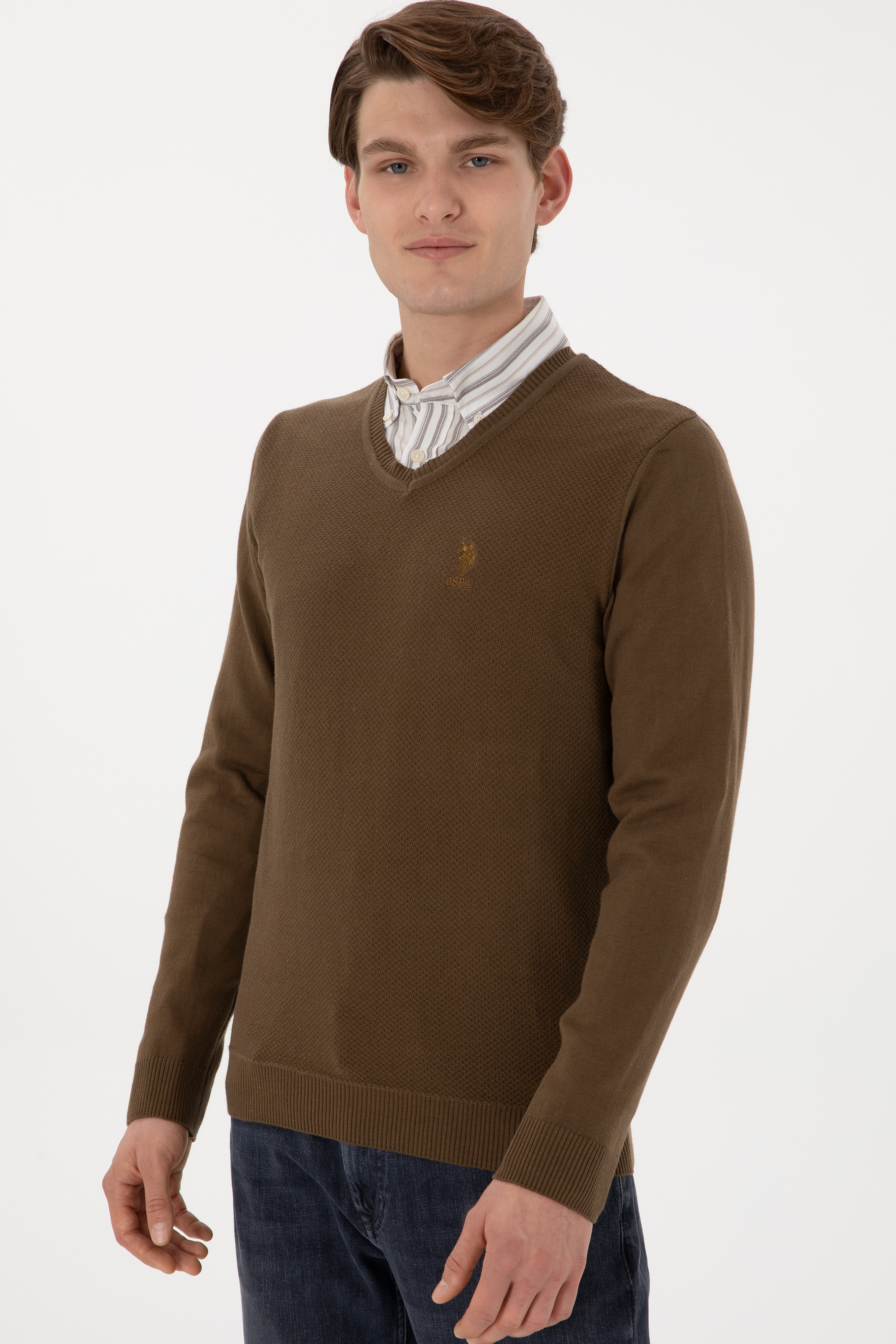 Erkek Slim Fit V Yaka Haki Basic Kazak - Image 3
