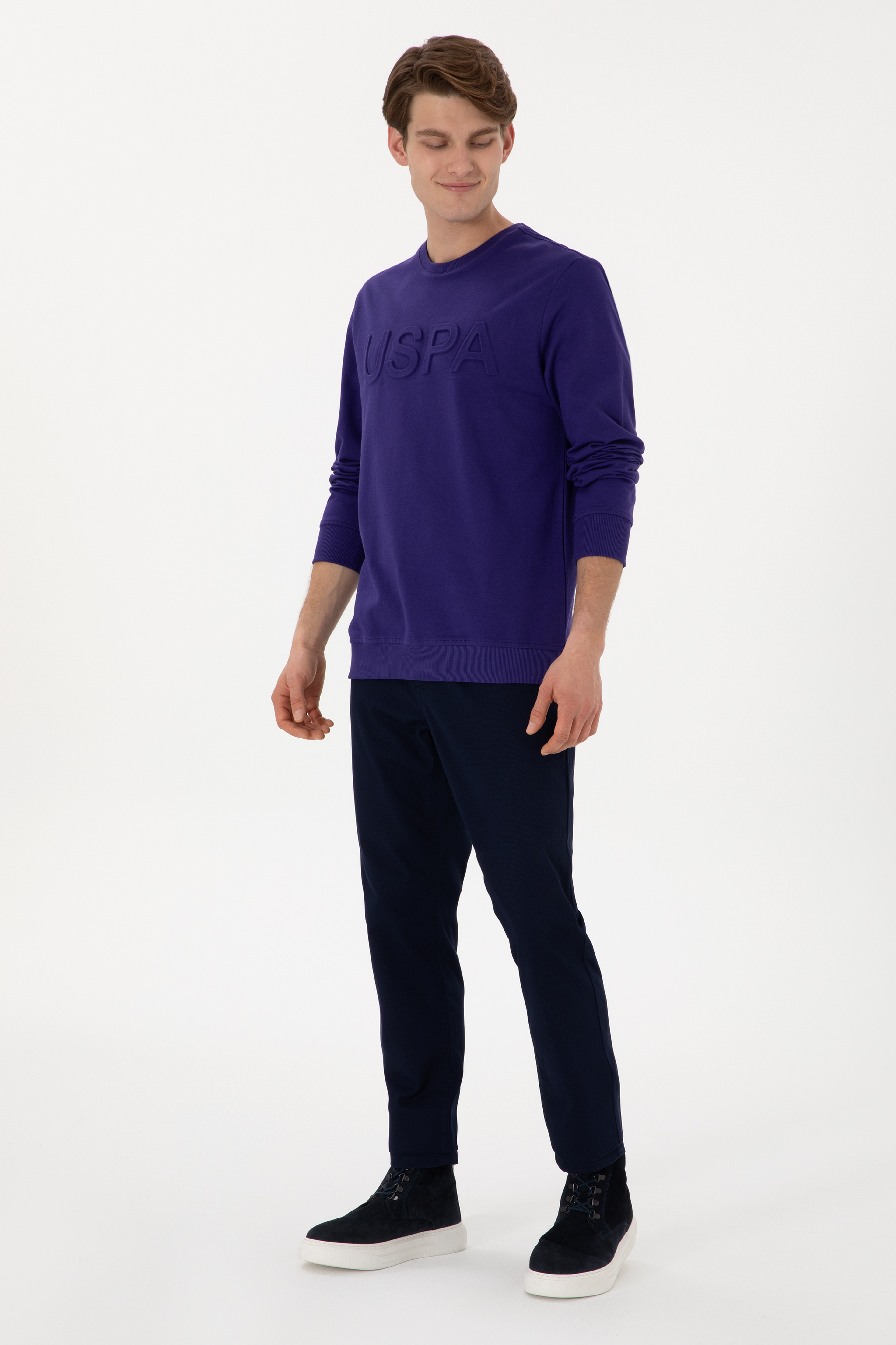 Erkek Regular Fit Bisiklet Yaka Mor Basic Sweatshirt