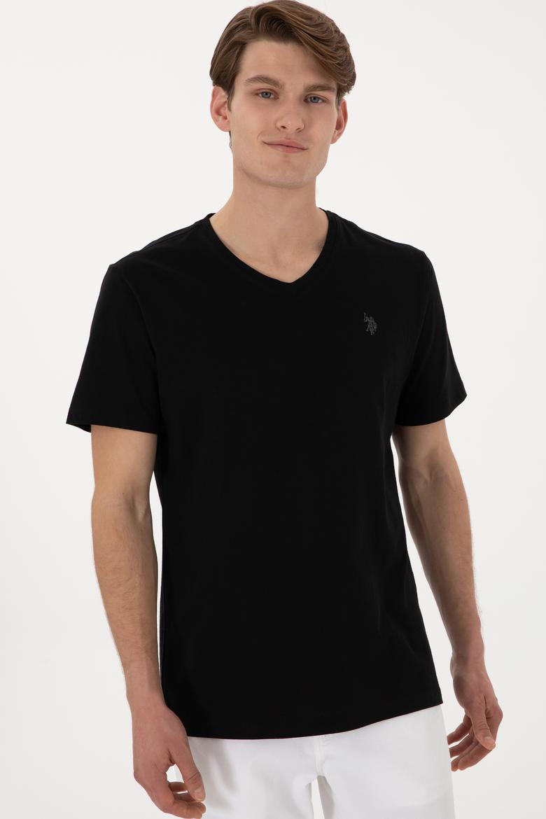 Erkek Regular Fit V Yaka Siyah Basic Tişört - 50298043008