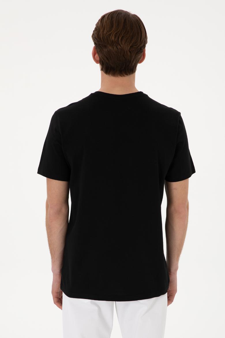 Erkek Regular Fit V Yaka Siyah Basic Tişört - 50298043008