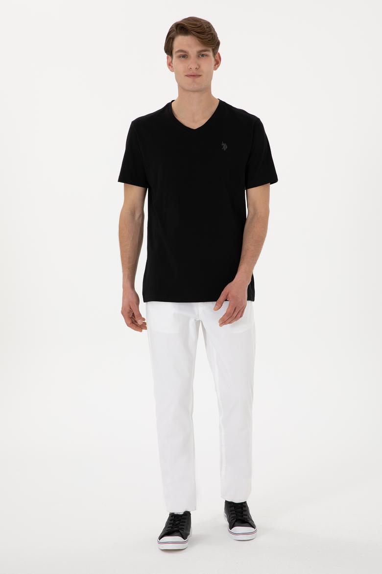 Erkek Regular Fit V Yaka Siyah Basic Tişört - 50298043008