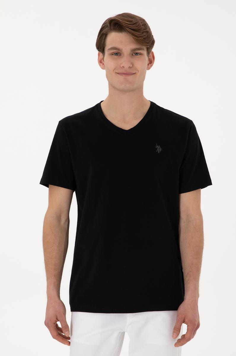 Erkek Regular Fit V Yaka Siyah Basic Tişört