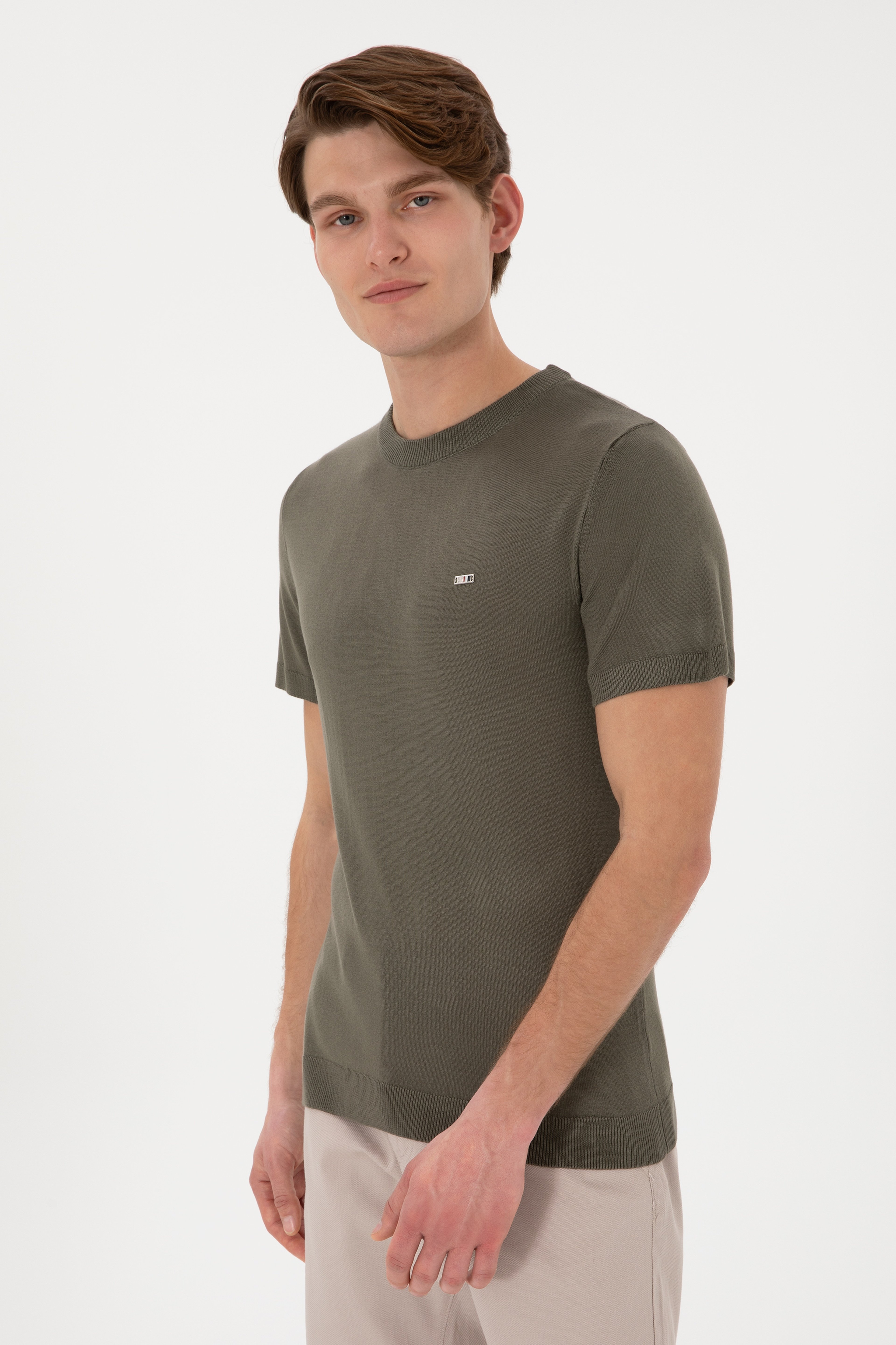 Erkek Slim Fit Bisiklet Yaka Koyu Haki Tişört - Image 3