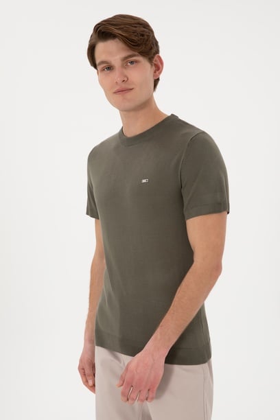 Erkek Slim Fit Bisiklet Yaka Koyu Haki Tişört
