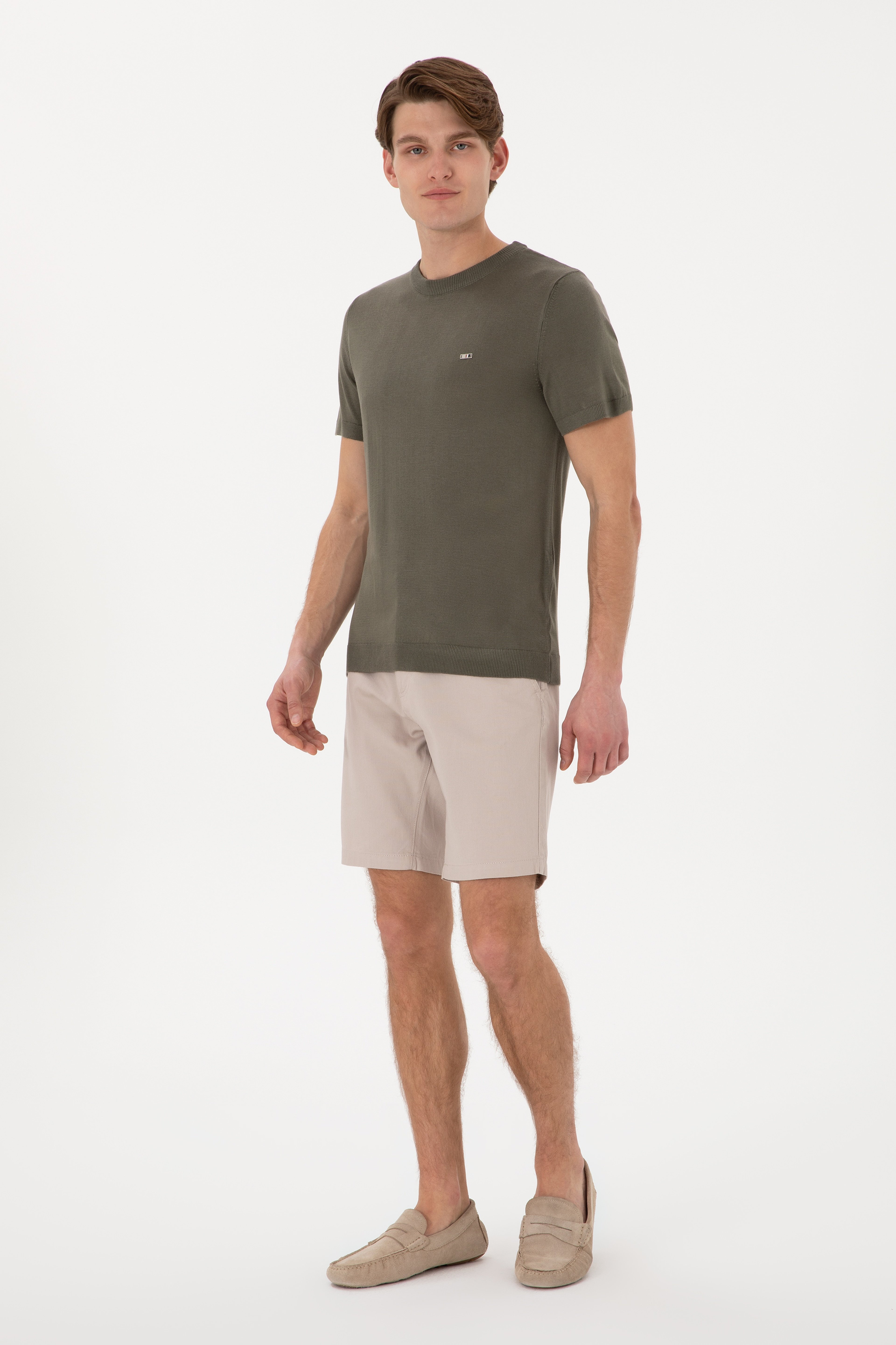 Erkek Slim Fit Bisiklet Yaka Koyu Haki Tişört