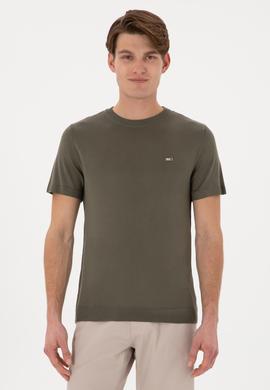 Erkek Slim Fit Bisiklet Yaka Koyu Haki Tişört - 50306456025