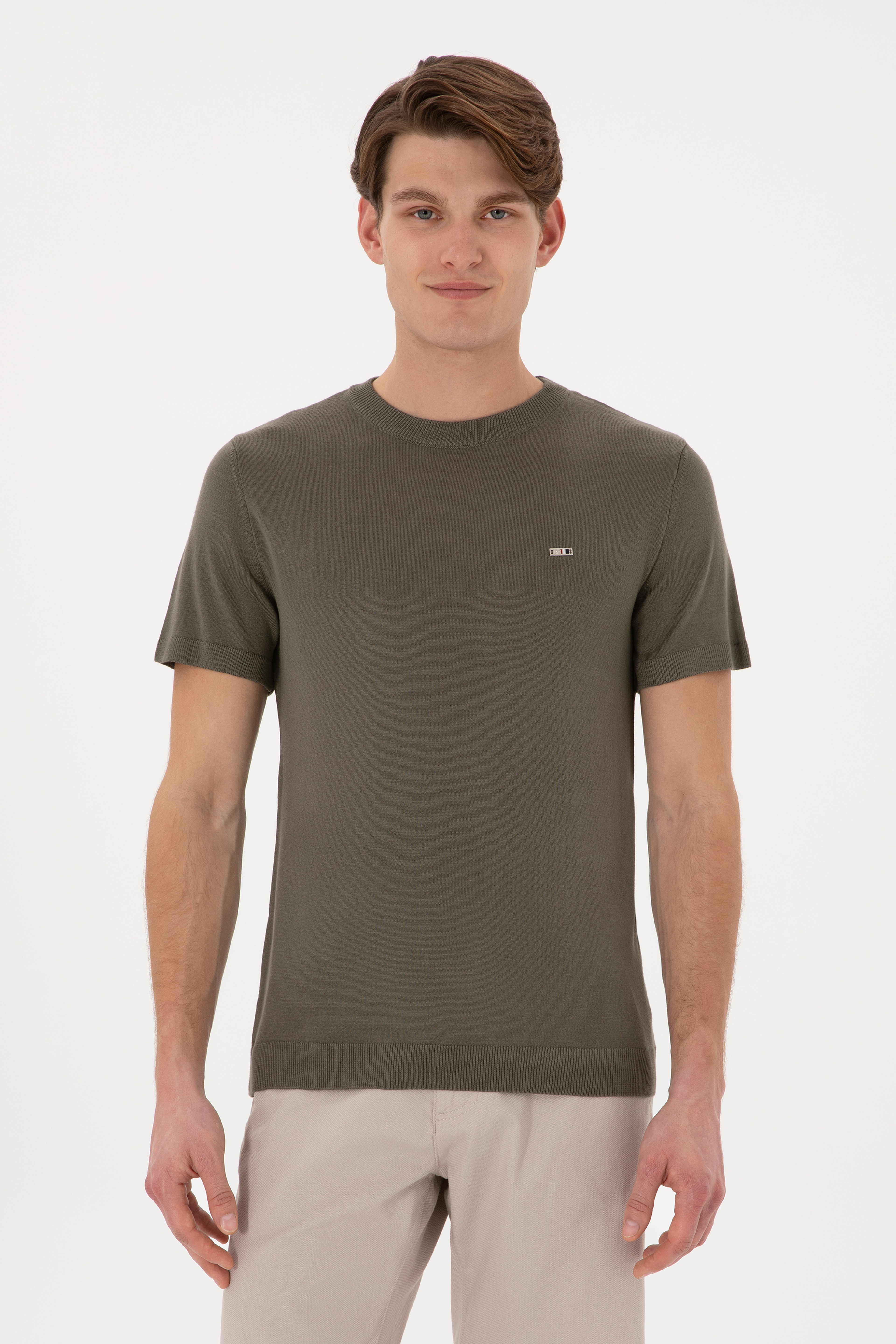 Erkek Slim Fit Bisiklet Yaka Koyu Haki Tişört - Image 1