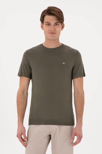 Erkek Slim Fit Bisiklet Yaka Koyu Haki Tişört