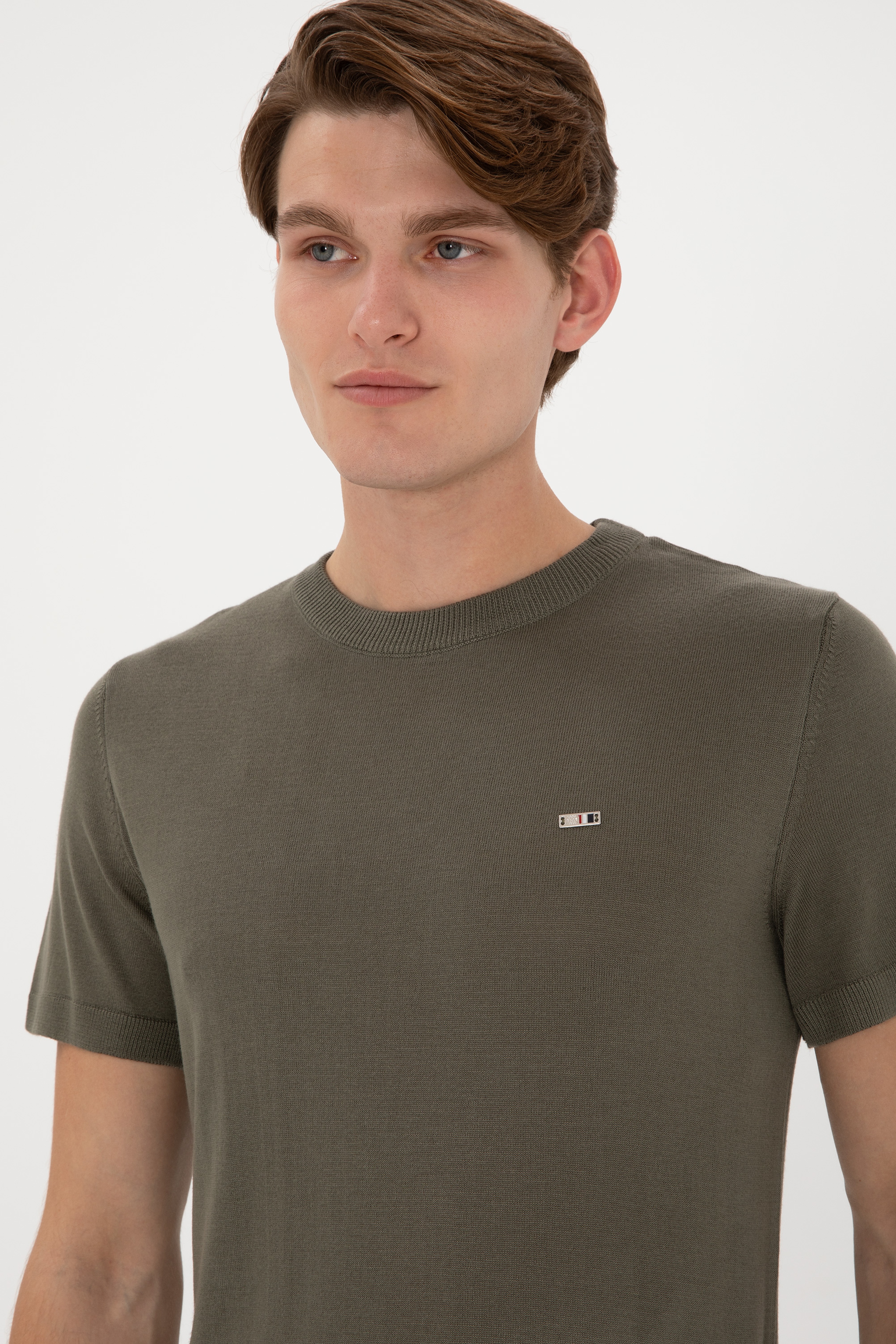 Erkek Slim Fit Bisiklet Yaka Koyu Haki Tişört - Image 2
