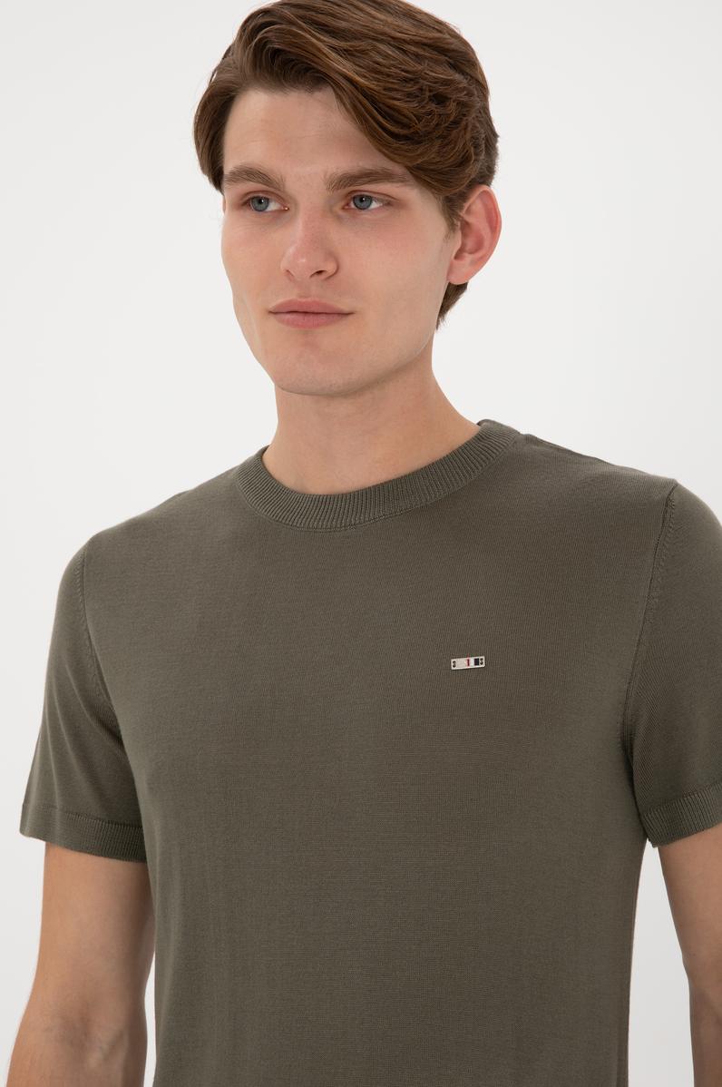 Erkek Slim Fit Bisiklet Yaka Koyu Haki Tişört