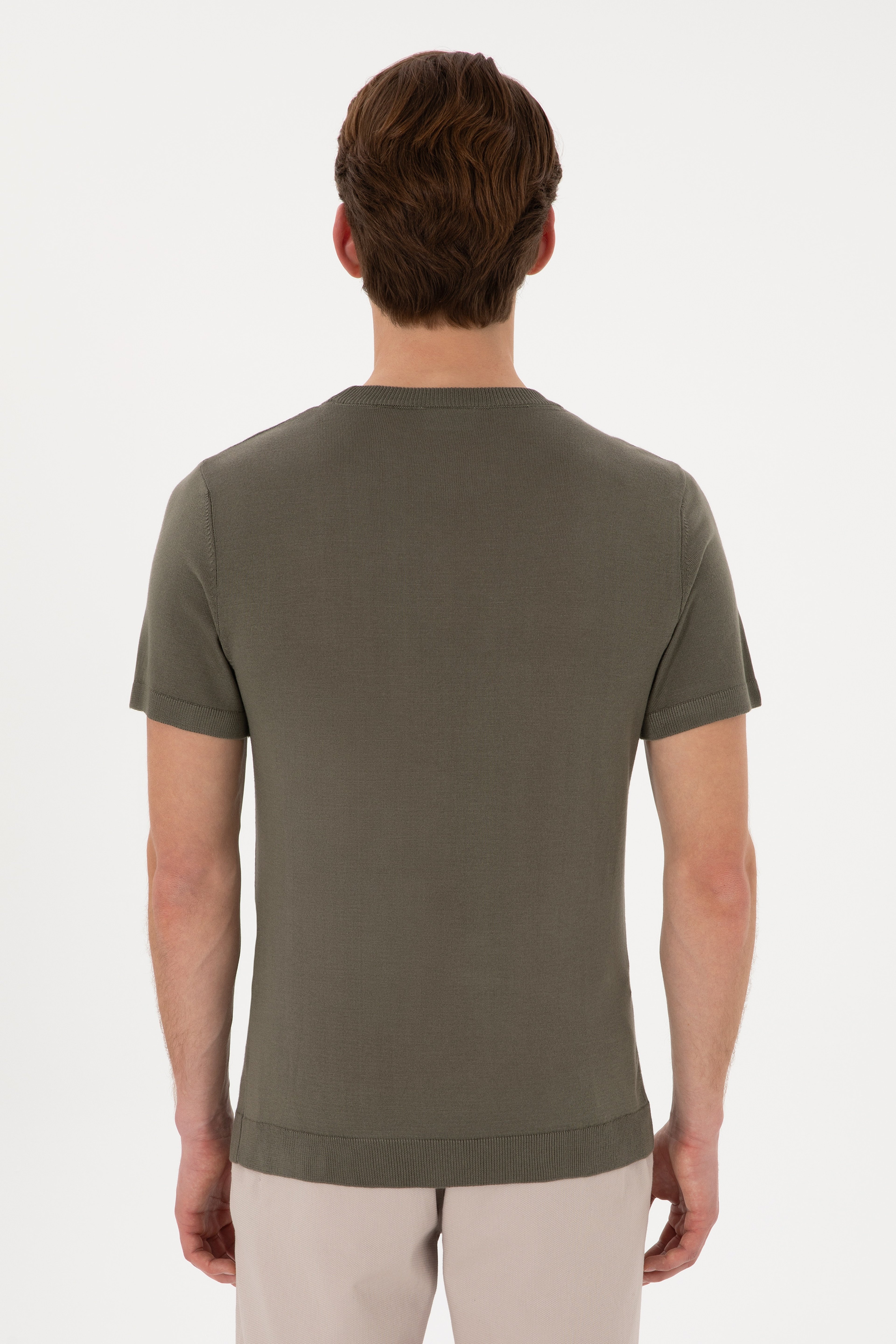 Erkek Slim Fit Bisiklet Yaka Koyu Haki Tişört