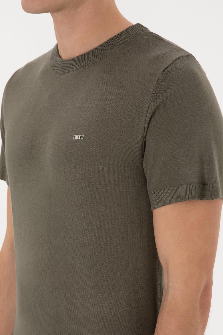 Erkek Slim Fit Bisiklet Yaka Koyu Haki Tişört - 50306456025
